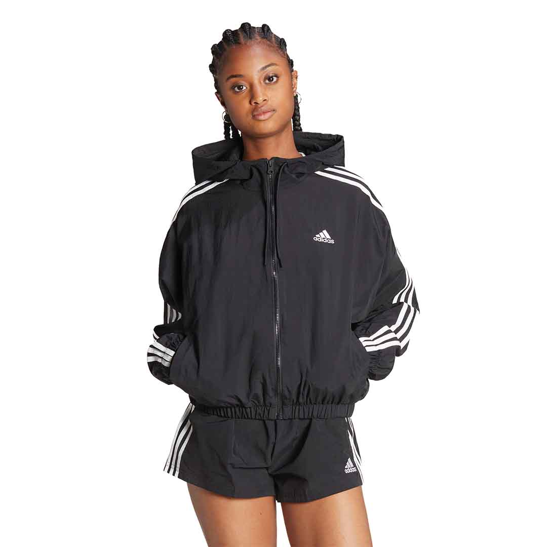 adidas Women Black Essentials 3-Stripes Woven Windbreaker | HT3399